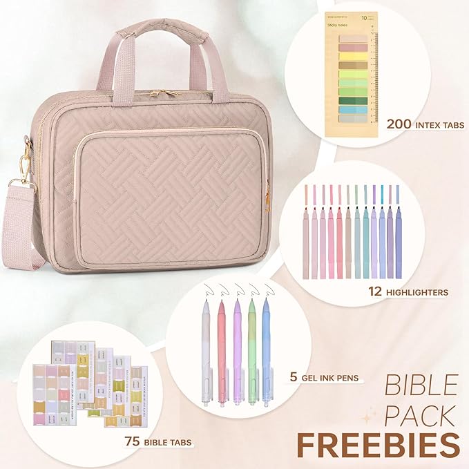 Bible Cover Case for Women Bible Study Supplies Christian Gifts for Women Church Camp Essentials Christian Bible Journaling Kit Quilted Large Bible Cover with Durable Handle (Pink, Large)