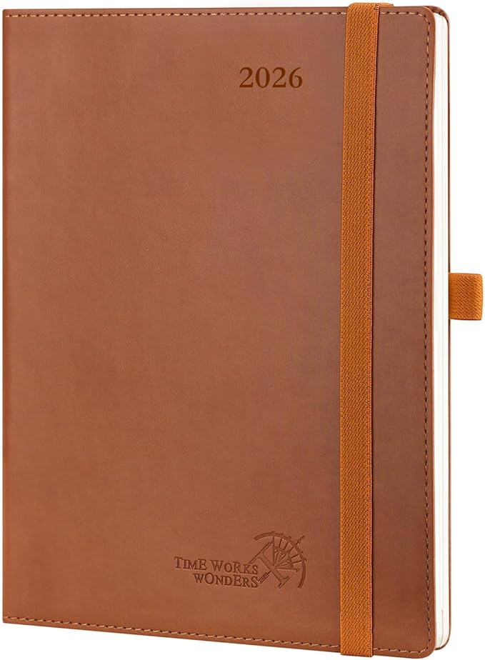POPRUN 2026 Planner (Medium - 6.5'' x 8.5'') - 2026 Weekly Calendar (Jan. 2026 - Dec. 2026) with Hourly Time Slots, Weekly Monthly Appointment Book for Time Management, Leather Soft Cover - Brown