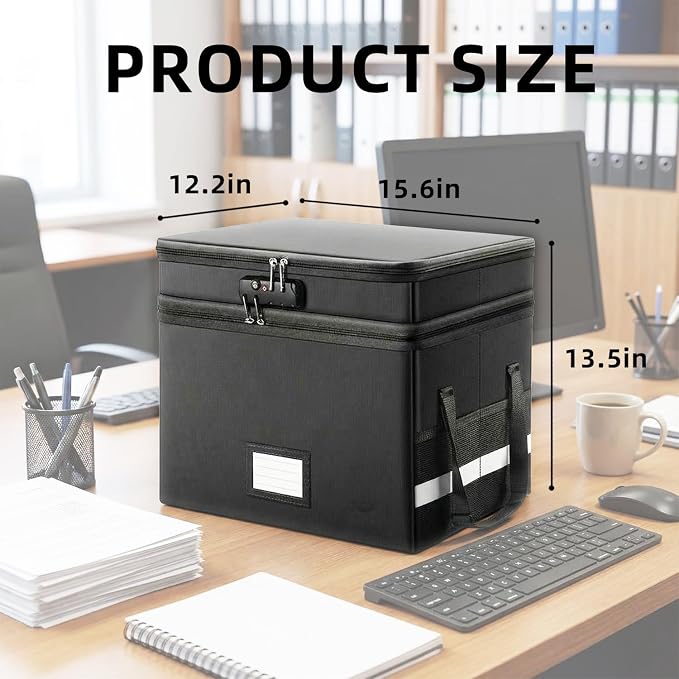 novelinks File Box with Lock, Fireproof Document Box for Home Office,Collapsible Storage Box with Mesh Pockets & Zipper & Handle, Cabinet for Hanging Letter/Legal Folder,Black (Double-layer)