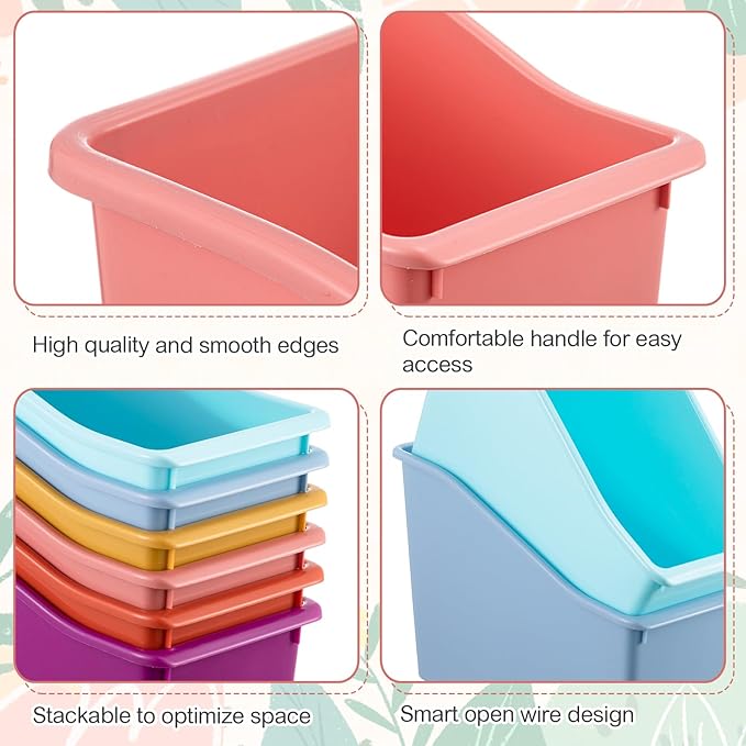 Geetery 12 Pcs Book Bin for Classroom with Labels Stackable Plastic Organizing Bins 11.5 x 5.4 x 7.5 in Book Holders Storage Bins Box Baskets for Classroom Library Home (Wildflower Color)
