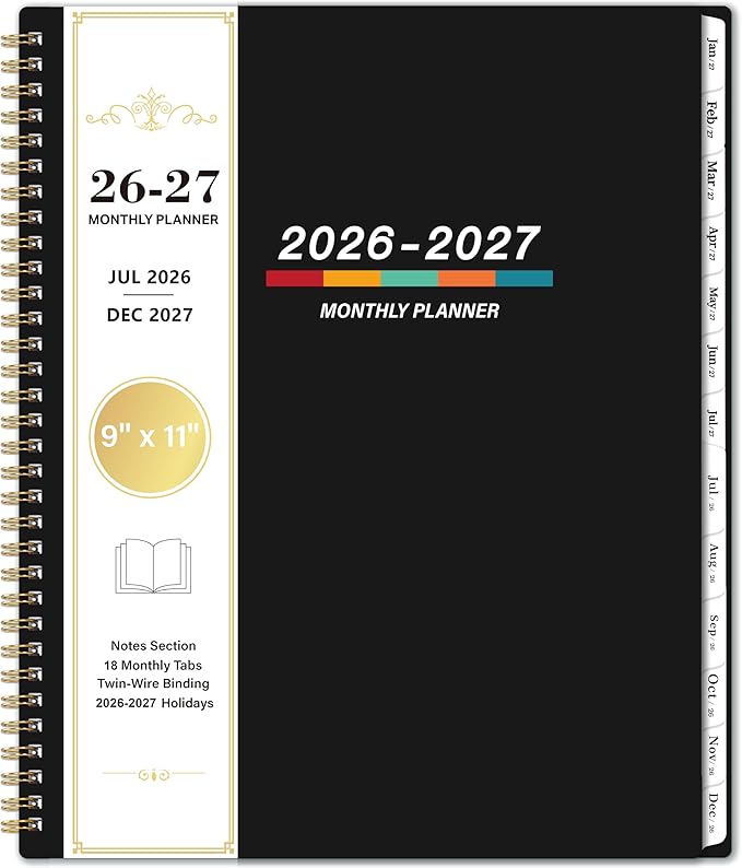 Planner 2026-2027 - 2026-2027 Monthly Planner, Monthly Calendar, 9" x 11", Jul 2026 - Dec 2027, Large, Twin-wire Binding, 12 Months Tabs, Holidays, Two-Sided Pocket, Thick Paper