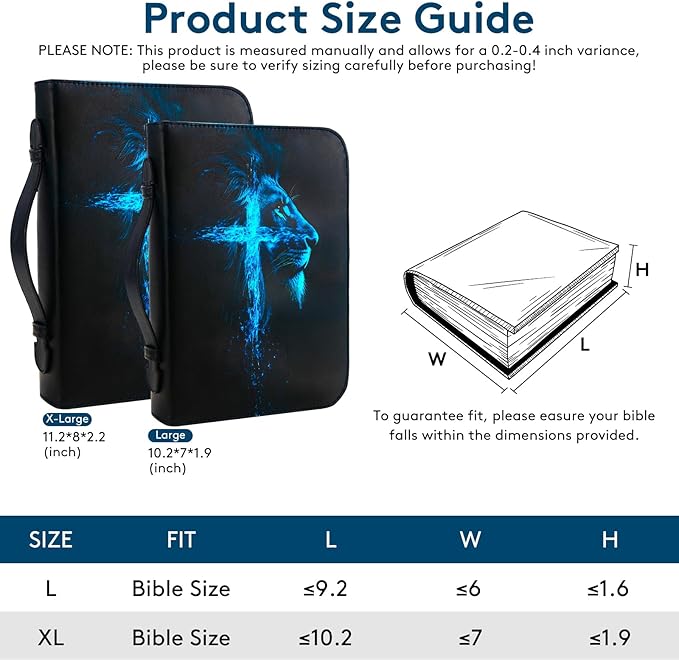 Bible Cover, Bible Carrying Book Case for Men,Protective Bible Organizer Holder Bag with Handle and Zippered Pocket, Christian Gift for Girls Boy (Blue Lion, L)