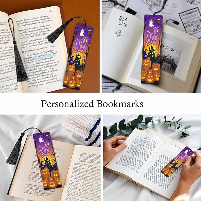 Halloween Bookmarks 5 Pcs with Tassels Pumpkin Bats Dark Night Wooden Bookmarks for Reading Women Students Teacher Reader