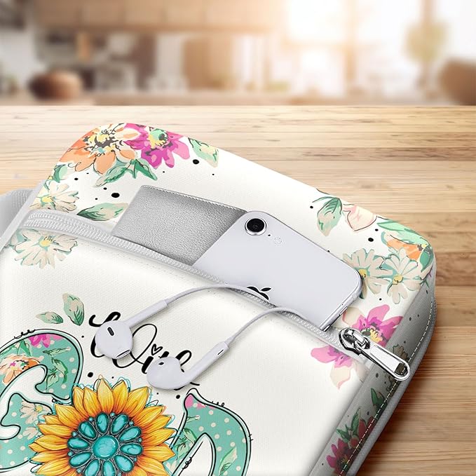 Floral Sunflower Bible Cover for Women with Handle and Zipper Pocket, Inspirational Canvas Bible Bag with Scripture Verse, Fits Standard Size Bible, Christian Gift for Mom, Girls