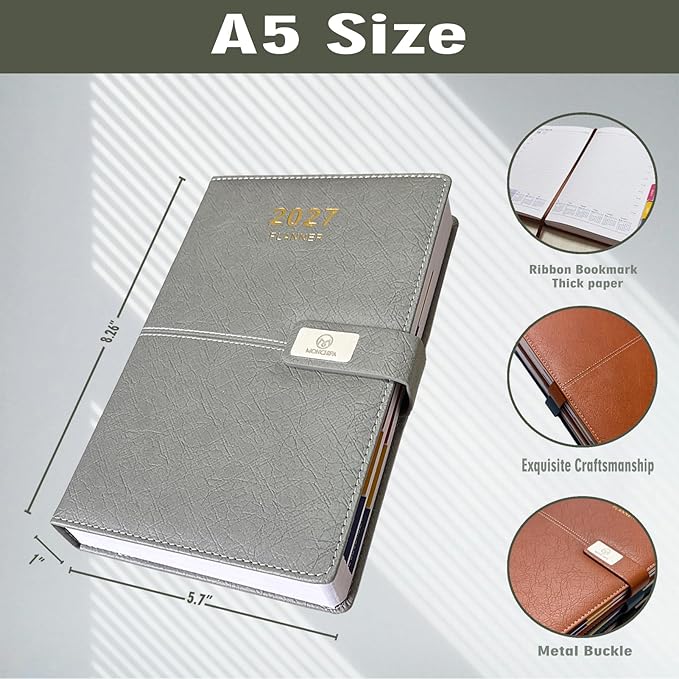 2027 Daily Planner - One Page per Day, 2027 Hourly Daily Calendar(Jan-Dec 2027), 5.7" x 8.26" Appointment Book, Leather Cover + Thick Paper (Grey)