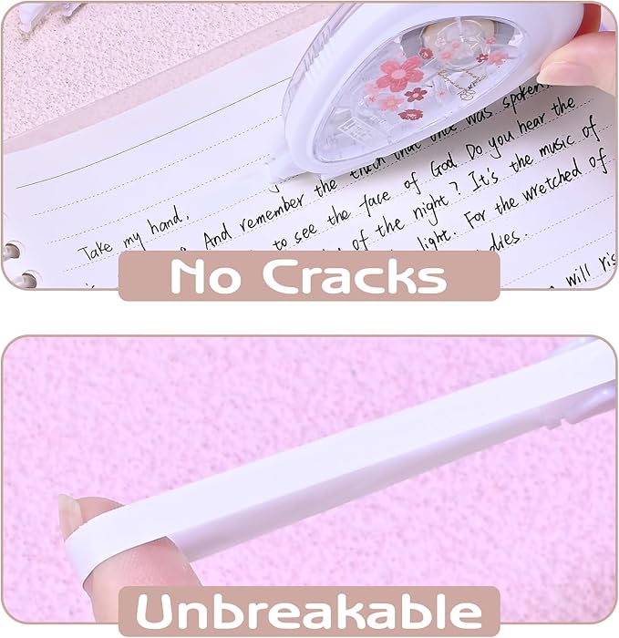 Temiary 4 Pcs White Smooth Pull Out Correction Tape, Quick Dry Applicator for Instant Corrections, Aesthetic Flower Pattern Correction Tapes for Students School Office Supplies (Cherry Blossom)