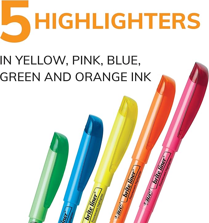 BIC Brite Liner Highlighters, Chisel Tip, 5-Count | Assorted Colors | Pack of 2