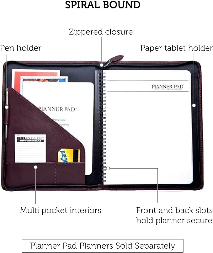 Planner Pad Spiral Bound Executive Size Cover, Fits 8 1/2 x 11” Size Planner Pages, Burgundy Faux Leather