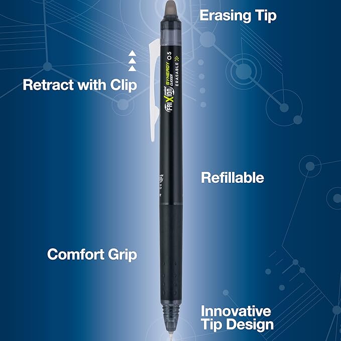 PILOT FriXion Synergy Clicker Retractable & Erasable Gel Ink Pens, 0.5mm Extra Fine Point, Black Ink, 6-pack