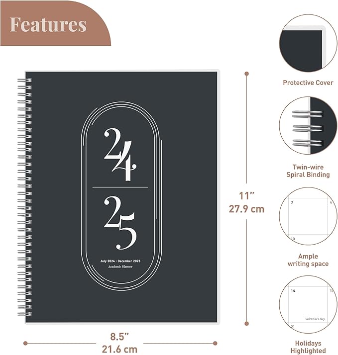 Rileys Academic Planner 2025-2026, Daily, Weekly & Monthly Planner, July 2025 - June 2026, Student Notes Pages, Twin-Wire Binding, Weekly Agenda for School & Work (8.5 x 11-Inches, Black)