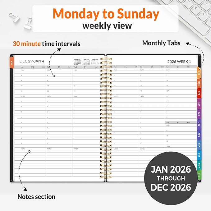 SUNEE 2026 Appointment Book, 2026 Hourly Planner 8.5" x 11", Hourly, Weekly & Monthly Planner - from January 2026 - December 2026, Flexible Cover, Note Page, Pocket, Bookmark, Black
