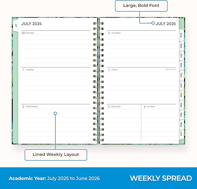 Blue Sky 2025-2026 Weekly and Monthly Academic Year Planner Calendar, July 2025 - June 2026, 5" x 8", Hard Cover, Wirebound, Storage Pocket, Laminated Tabs, Stickers, Avra
