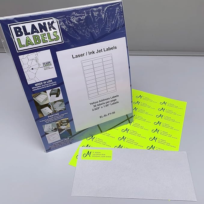 Blank Labels Fluorescent Yellow FBA & Mailing Labels – 2.625" x 1", 30 Per Sheet, Bright High-Visibility, Permanent Adhesive, Laser & Inkjet Compatible