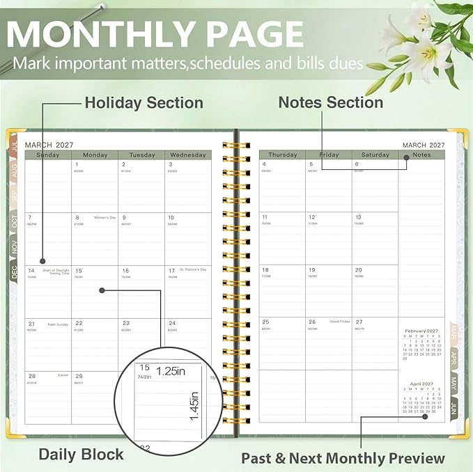 GuassLee 2026-2027 Academic Planner, Weekly and Monthly Planner from July 2026-June 2027, 8.4"x 6.1" Aesthetic Greenery Agenda Book with Back Pocket, Stickers, Coated Tabs, A5 Size