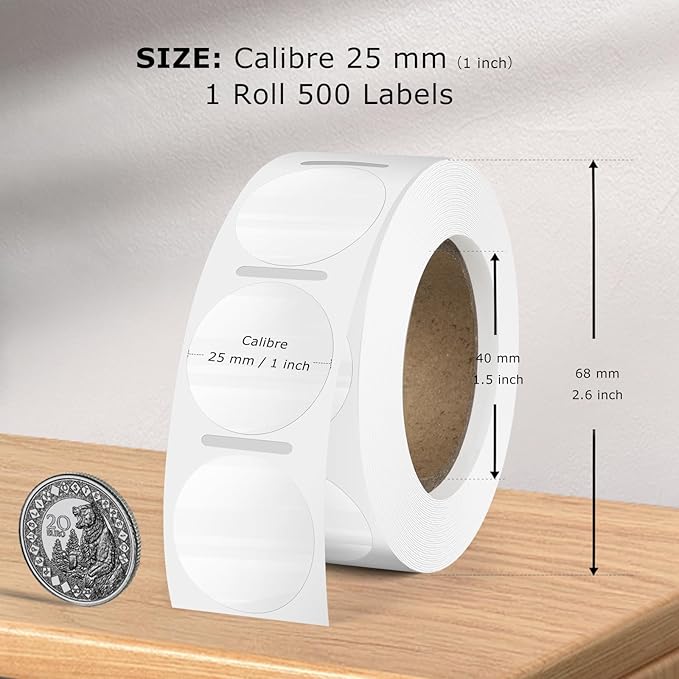 Clear Thermal Labels Round Vinyl 1 Inch Transparent Direct Printer Stickers Label Circle Self Adhesive Waterproof Decals Roll for Home Office Business QR Code Seal DIY Logo 500 PCS