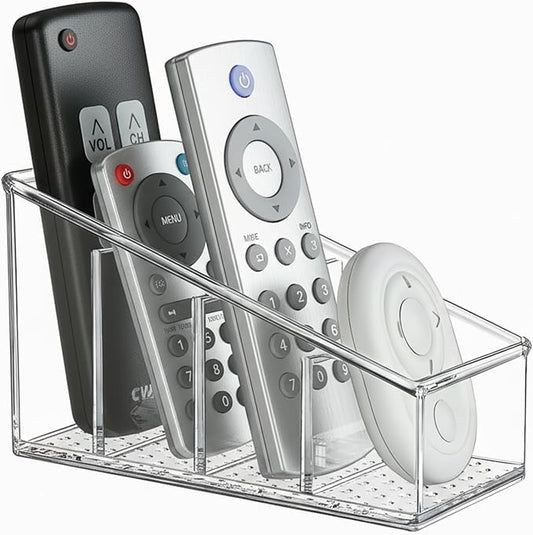 Clear TV Remote Control Holder, PET Remote Caddy with 4 Compartments, Mini Desktop Organizer for Remotes, Pens, Office Desk and Bedside