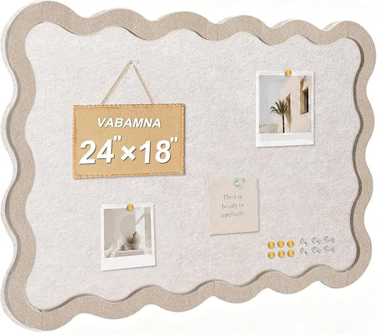 Scalloped Felt Bulletin Board, Sized 24" x 18" Felt Cork Board Alternative for Office & Wall Decor, Customizable Adhesive Tiles with Pins Hooks for Photo Display School Home Office, Oatmeal