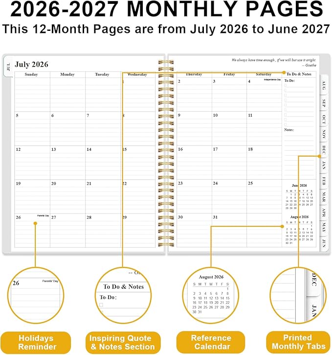 Planner 2026-2027 - Academic Planner from July 2026 to June 2027, Weekly & Monthly Planners Spiral Bound with 12-Month Tabs, Inner Pocket, 8.5" x 11", Green Flower