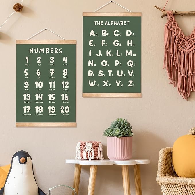 Educational Wall Art Set of 2, Numbers 1-20 and Alphabet Chart, Learning Posters for Toddler ,ABC Banner Poster, Banner Wall Hanging Decor for Toddler Room Playroom Nursery Wall Classroom Decor (Green)