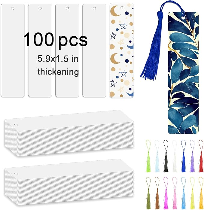 100 Pcs Sublimation Bookmark Blank 5.9""X1.5"" X0.65mm Heat Transfer Aluminum Metal Bookmarks Bulk DIY Bookmarks with Hole and Colorful Tassels for Crafts,Personalized Tassels Blank Bookmarks, White
