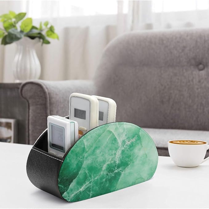 Green Marble Remote Control Holder with 5 Compartments Leather TV Remote Caddy Remote Storage Box Desktop Organizer for Pen/TV Remotes/Media Controllers/Office Supplies