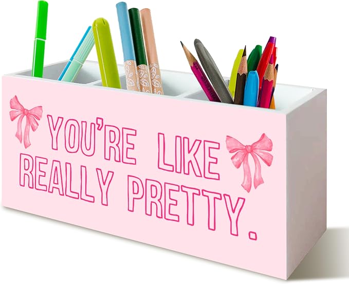 Pink Cute Kids Pen Pencil Holder Organizer for Classroom Desk, Bow Pink Girly Office Decor, Inspirational Makeup Brush Toothbrush Holder Organizer for Bathroom Desk Accessories