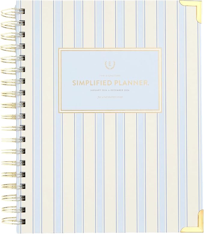 Simplified 2026 12-Month Spiral Weekly Planner — Serene Stripe — January 2026 - December 2026, Calendar Year Organizer with Stickers, Pockets, and Keepsake Box