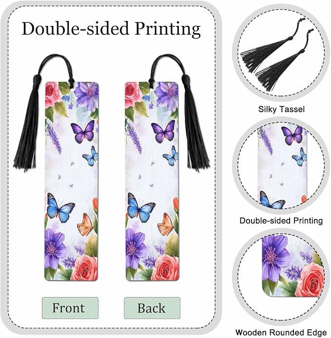 Purple Butterflies Bookmarks Set 5 with Tassels Insect Blue Pink Wooden Bookmarks for Reading Women Men Students Teachers School Supplies