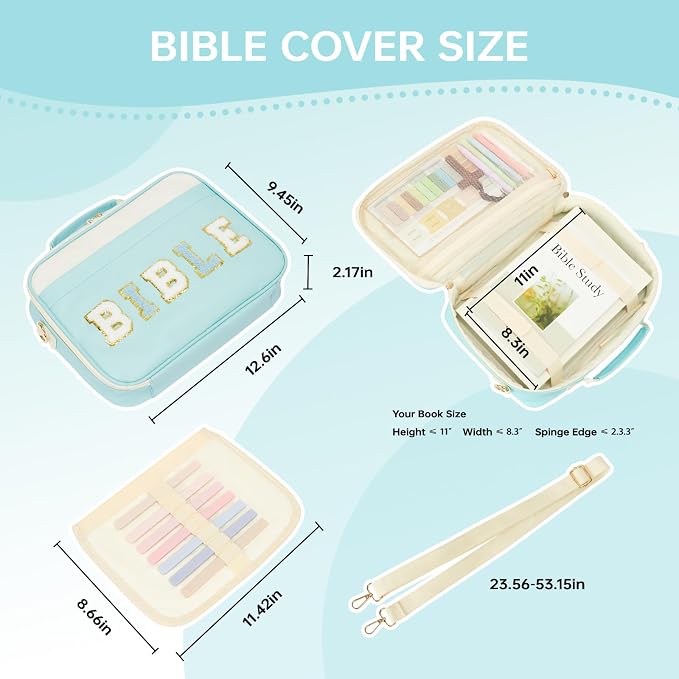 Bible Cover Case for Women Bible Study Supplies Bible Journaling Kit Large Preppy Chenille Letter Bible Tote Bag Carrying Case Christian Gifts for Girls (Blue, Large)