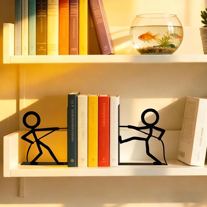Metal Bookends People Book-End, Decorative Cute Book Ends for Shelves in Home Office Desk Book Holder, Bookshelf Decor & Gift -Tug of War