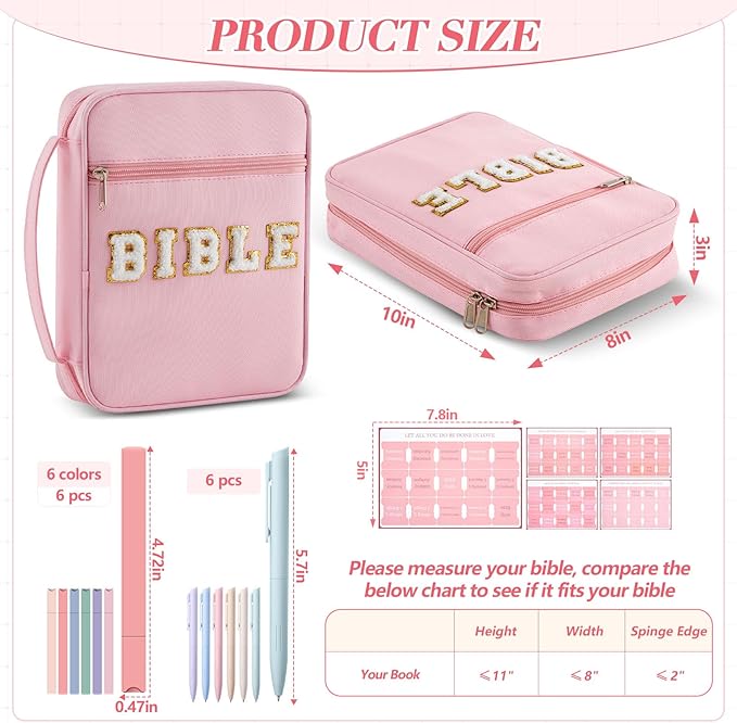 Sinload 24 Pcs Bible Cover Case for Women, Bible Study Supplies, Large Chenille Letter Pink Carrying Tote Bag with Handle Easter Christian Gifts Party Favor