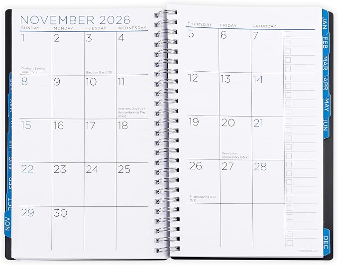 PlanAhead 2026 Planner - 8.75"x5.75" 15 Month Weekly & Monthly Academic Planner Notebook with Tabs - Black Grid Design - Spiral Calendar Agenda for School, Work & Office