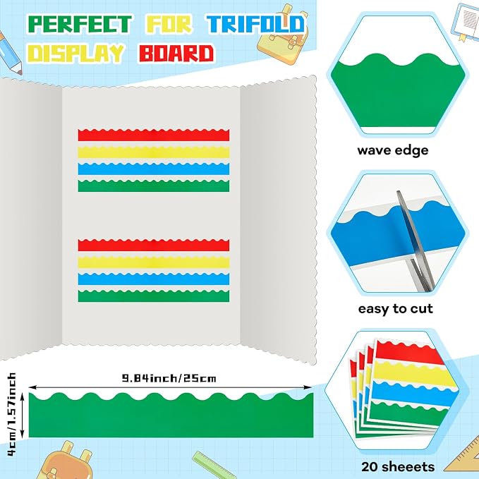 Henoyso 100 Pcs Science Fair Board Supplies Back to School Include 80 Trim Scalloped Bulletin Borders 20 Project Printable Adhesive Paper for Classroom Office Display(Red, Yellow, Blue, Green)