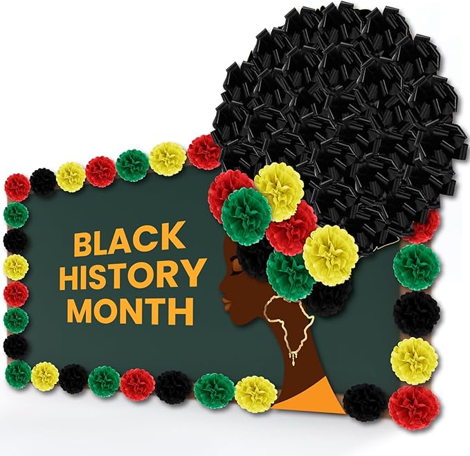 Hahafelt 77 Pcs Large Bulletin Board Decor 34.7 x 53.2 Inches Black Women Portrait Decor 6 Inch Paper Flowers 4.7 Inch Pull Bows for Classroom African American Celebration(Black History Month Green)