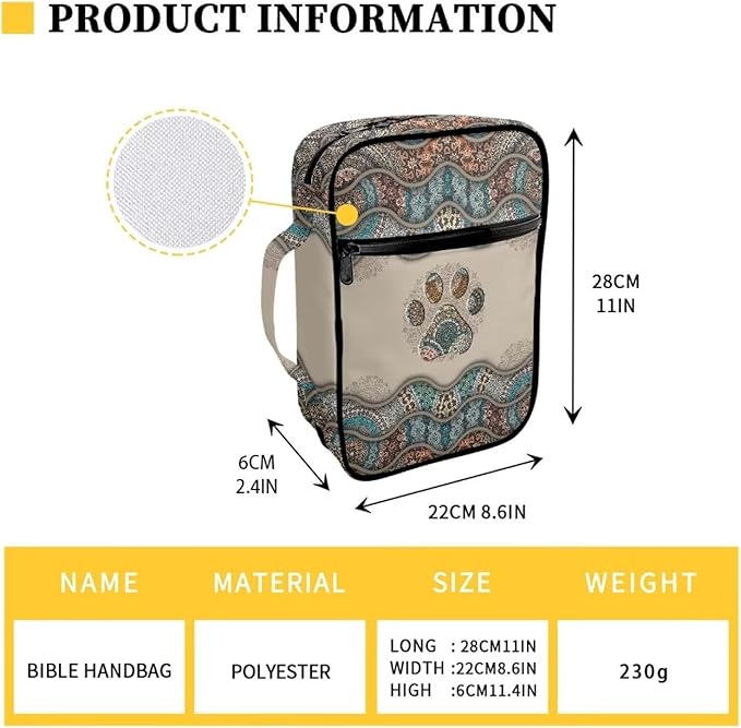 Suobstales Boho Paw Print Bible Cover Bible Case for Women Men Lightweight Carrying Book Cover Church Bag Bible Protective Bag with Handle and Zippered Pocket