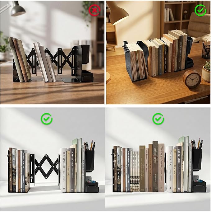 2 PCS Adjustable Bookends,19" Metal Book Ends for Heavy Books with Removable Pen Holder, Tray, and 4 Hook-up, Book Shelf Holder for Office, School, Bookstore, cookbooks