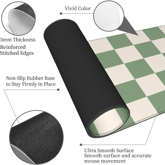 Green Checkered Cute Aesthetic Gaming Mouse Pad, Large Mouse Pad for Desk Mat XXL XL Mousepad, Big Keyboard Pad Office Desk Accessories Decor
