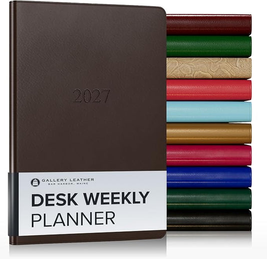 Gallery Leather Desk Weekly Monthly Planner 2027, Elegantly Bound Calendar Planner and Notebook with Stylish Gold-Gilded Page Edges, 12 Months - Freeport Mocha - 8x5.5"