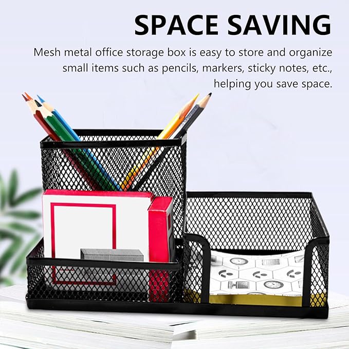 ASTIMESA 2 Pcs Metal Pen Organizer for Desk with 3 Compartments, Office Desktop Organizer Pencil Cup Caddy for Stationery Marker Storage School Home Supplies(Black，Silver (Black)