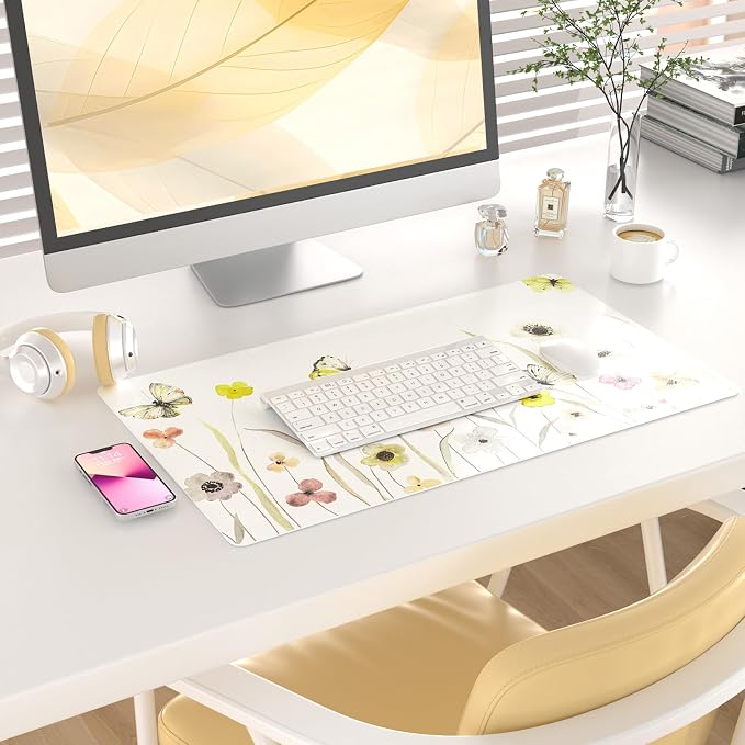 Colorful Star Large Mouse Pad, Watercolor Floral Desk Mat Office Supplies, Waterproof PU Leather Gaming Mousepad for Women Girls, Butterflies Desk Pad Home Office Décor Accessories 23.6" x 13.8"