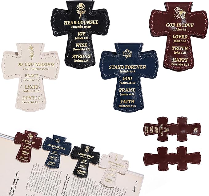 4 PCS Cross Shaped PU Leather Magnetic Bookmarks, Christian Bible Verse Clips with Gold Foil Stamping & Faith Quotes, Leather Book Markers, Religious Gift for Readers, Students & Church Members