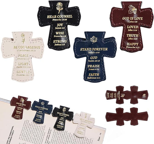 4 PCS Cross Shaped PU Leather Magnetic Bookmarks, Christian Bible Verse Clips with Gold Foil Stamping & Faith Quotes, Leather Book Markers, Religious Gift for Readers, Students & Church Members