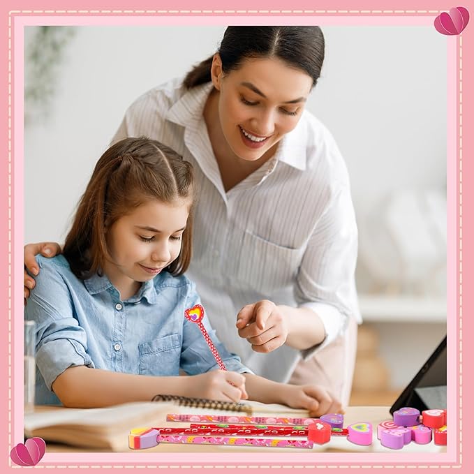 FOIMAS 24pcs Valentine's Day Pencils with Erasers Topper Decorated with Love Hearts Lips Assortment Valentine Stationery Pencil Bulk for Valentine's Day Goodie Bag Filler School Teacher