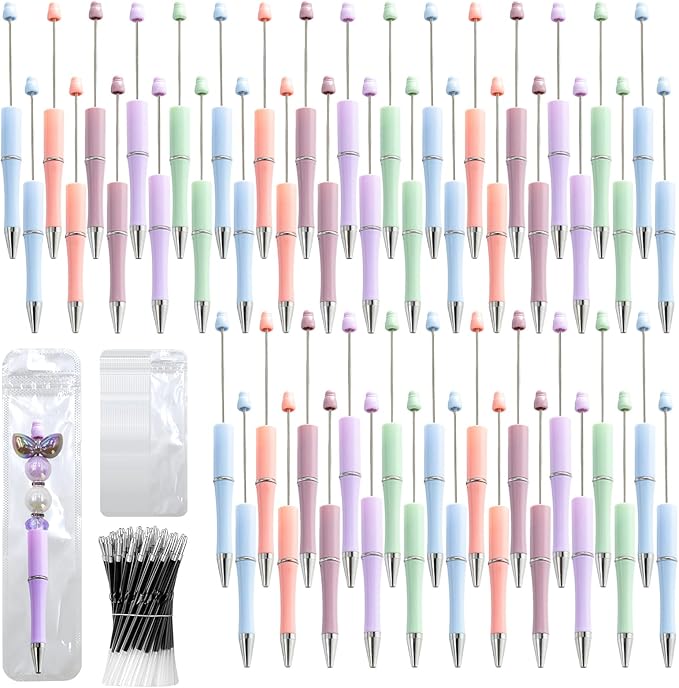 150 Pieces DIY Beadable Pen Kit – 50 Plastic Ballpoint Pens with Refills & Bags – School Supplies, Office Accessories & Decorative Items for Students & Teachers (Pastel)