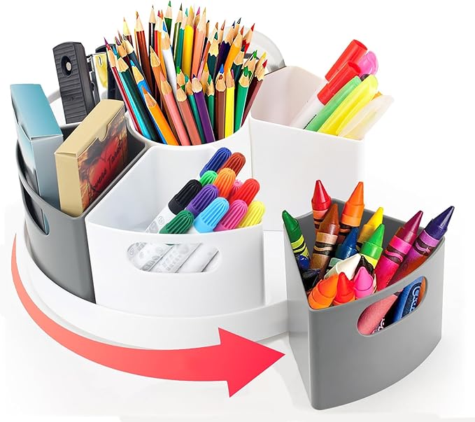 Rotating Art Supply Organizer Storage Caddy for Kids, 7 Bins Craft Crayon Marker Organizers for School Desk, Lazy Susan Pencil Holder for Classroom Organizations (gray and white)