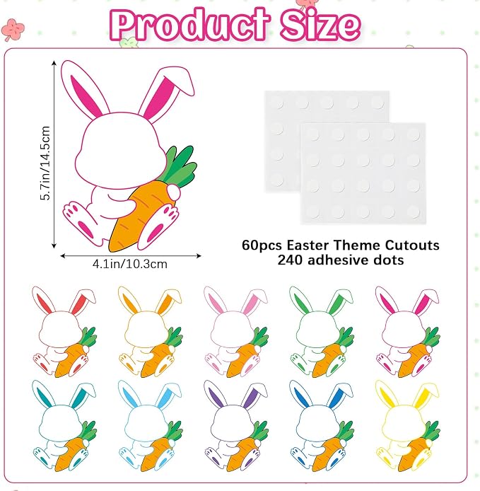 60pcs Easter Bunny Theme Cutouts Easter Bulletin Board Decorations Spring Rabbit Paper Cut-Outs Classroom Decor for Boys Girls Classroom DIY Craft Photo Kindergarten Preschool Wall Door Supplies