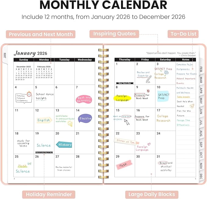 2026 Planner, Weekly and Monthly Planner for Women, January 2026 - December 2026, Hardcover 2026 Calendar Planner Book with Tabs, Inner Pocket, Spiral Bound, Perfect for Office Home School Supplies - A5 (6.3" x 8.5"), Pink