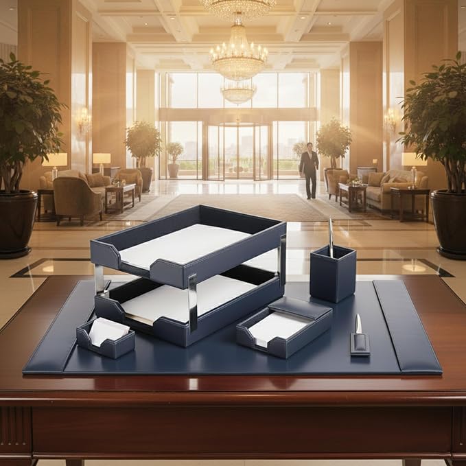DACASSO Bonded Leather Desk Set - Luxury Leather Desk Pad & Desk Organization Essentials (Navy Blue, 8 Piece)
