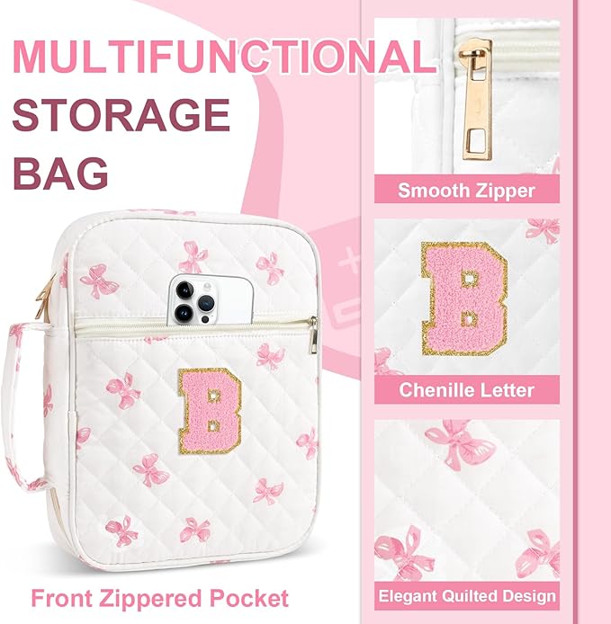 Personalized Initial Bible Cover Case for Women Girls Kid - Large Quilted Bible Case with Handle, Stylish Chenille Letter Bag Study Supplies, Perfect Christmas Gifts for Christians Women (Pink Bow-B)