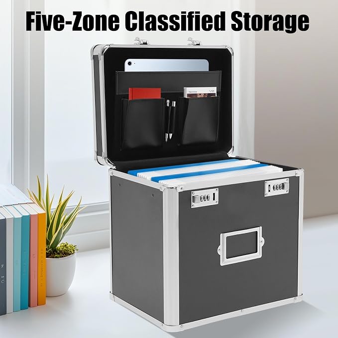 Aluminum Alloy File Organizer Box, 13.8x10x13.4in Portable File Box with Dual 3-Digit Combination Locks - for Letters, Documents, Office Supplies